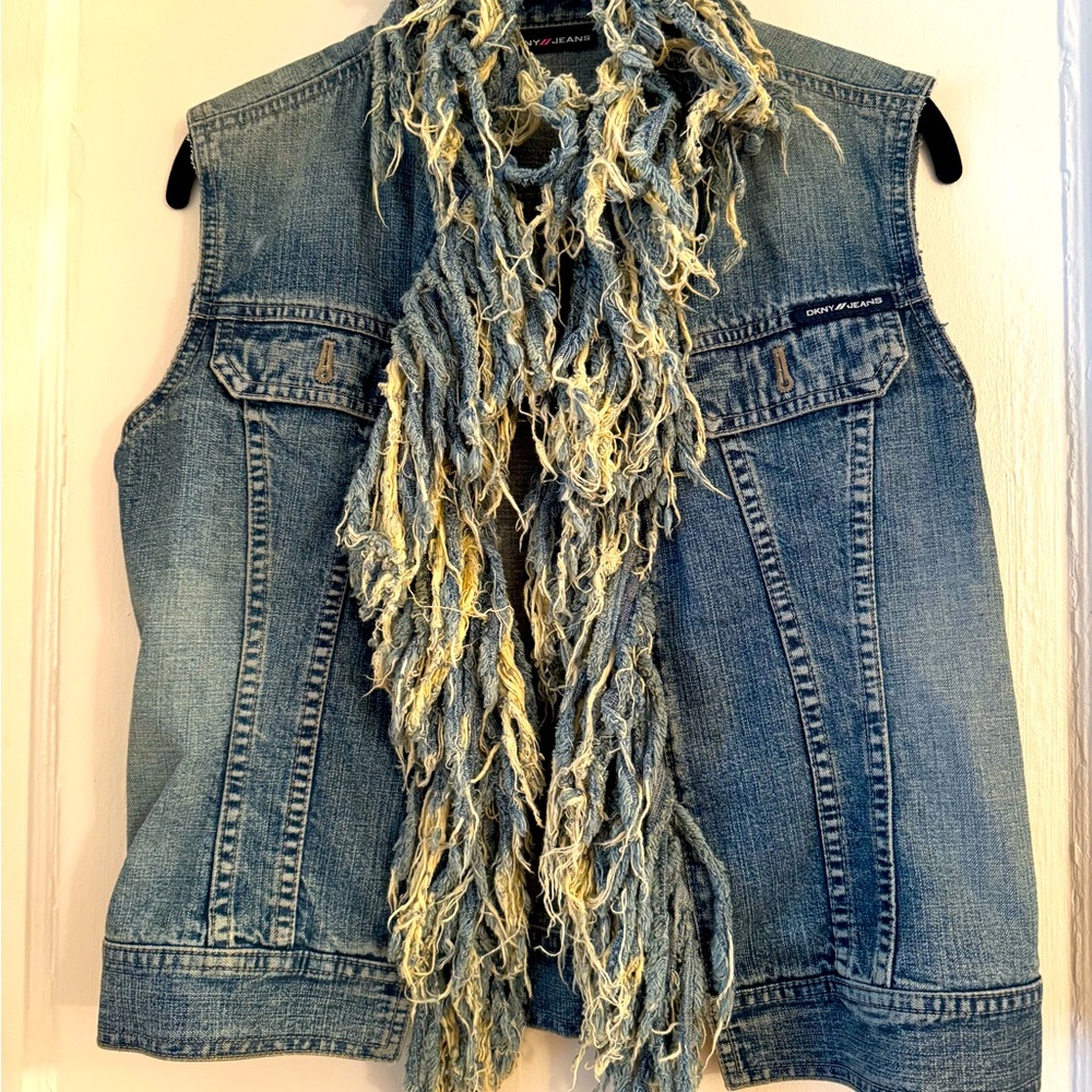 DKNY Denim Vest with Blue and Cream Fringe Scarf
